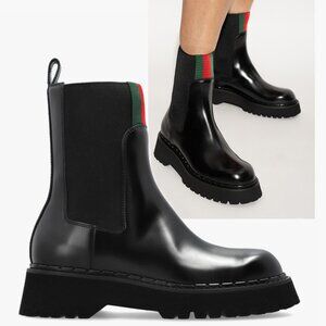 GUCCI BOOTS CHELSEA BLACK LEATHER WEB STRIPE ANKLE BOOTIES sz 38 US 8